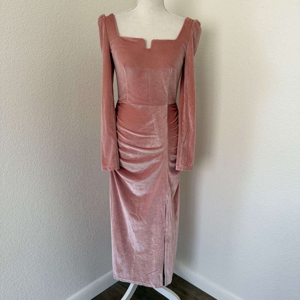 AmyEnjoyLife Velvet Midi Dress Womens XS Pink Ruched Square Neck Long Sleeve